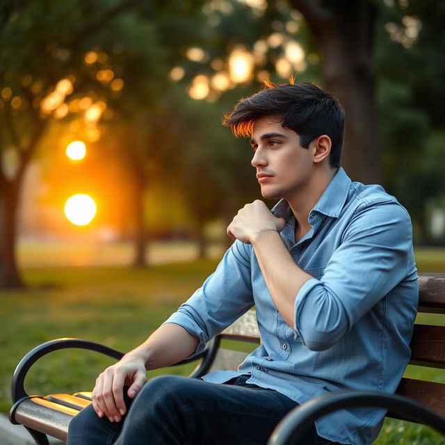 A young man sitting on a park bench, looking pensive and anxious, with a somber expression