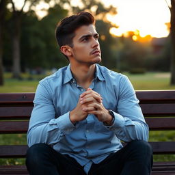 A young man sitting on a park bench, looking pensive and anxious, with a somber expression