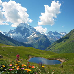 A breathtaking mountain landscape with towering peaks covered in snow, lush green valleys below, and a clear blue sky