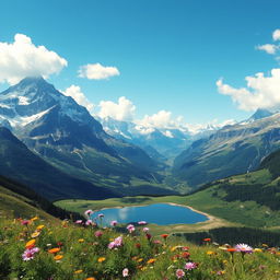 A breathtaking mountain landscape with towering peaks covered in snow, lush green valleys below, and a clear blue sky