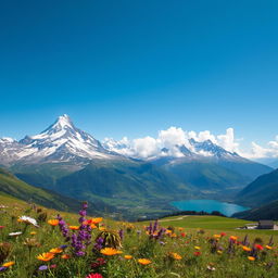 A breathtaking mountain landscape with towering peaks covered in snow, lush green valleys below, and a clear blue sky
