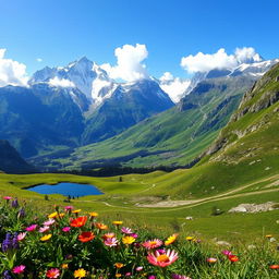 A breathtaking mountain landscape with towering peaks covered in snow, lush green valleys below, and a clear blue sky