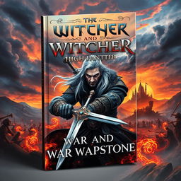 A captivating book cover design for a high fantasy novel titled 'The Witcher: War and Warpstone'