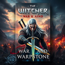 A captivating book cover design for a high fantasy novel titled 'The Witcher: War and Warpstone'
