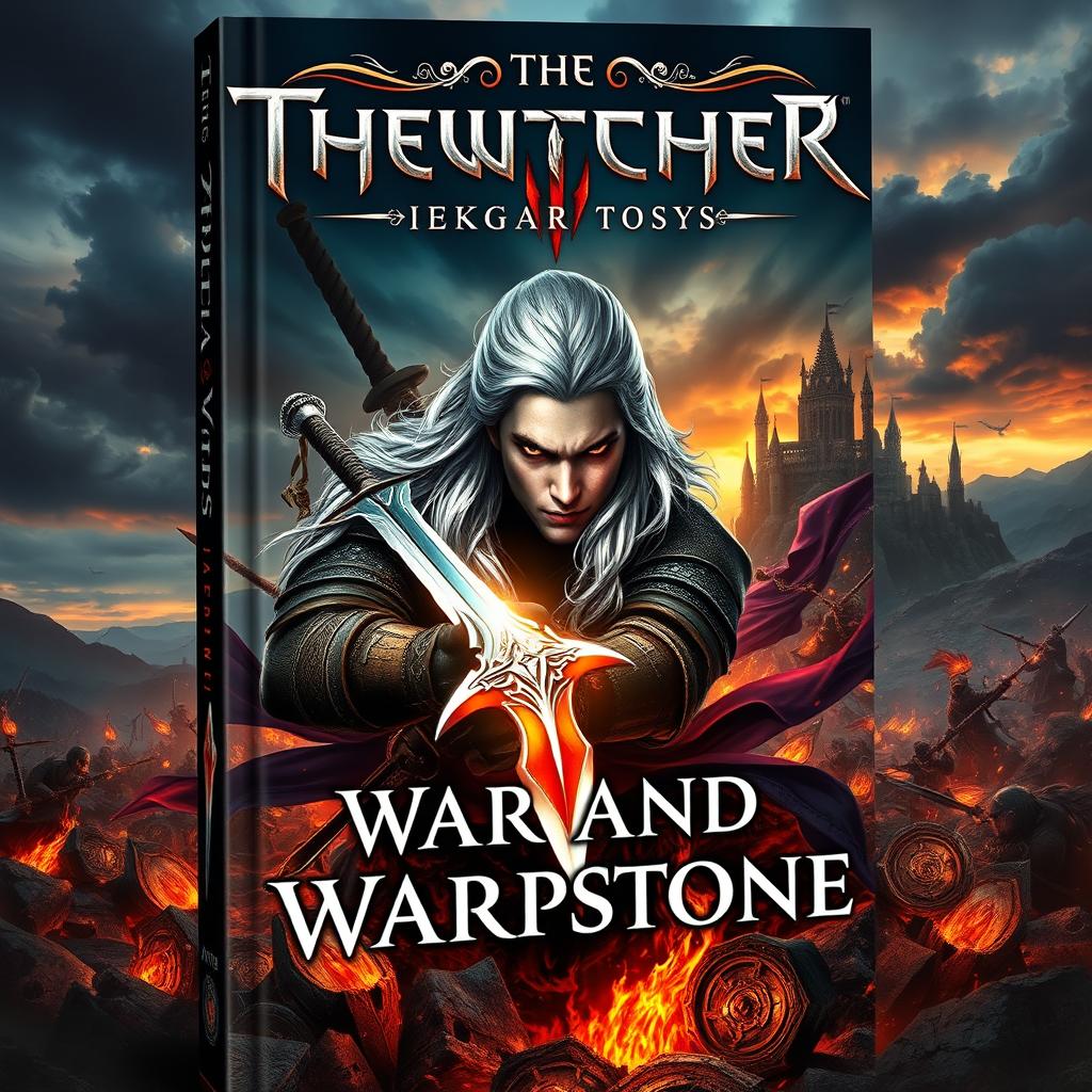 A captivating book cover design for a high fantasy novel titled 'The Witcher: War and Warpstone'