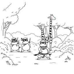 A playful black and white line drawing illustration featuring five hippos dressed as ninjas, silently sneaking up on a family of giraffes in a whimsical forest setting