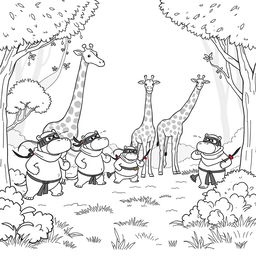 A playful black and white line drawing illustration featuring five hippos dressed as ninjas, silently sneaking up on a family of giraffes in a whimsical forest setting