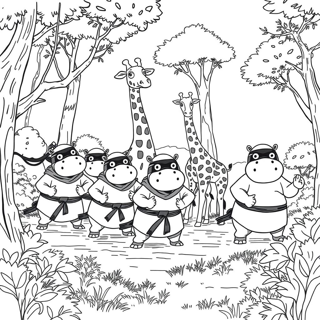 A playful black and white line drawing illustration featuring five hippos dressed as ninjas, silently sneaking up on a family of giraffes in a whimsical forest setting