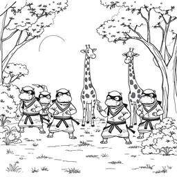 A playful black and white line drawing illustration featuring five hippos dressed as ninjas, silently sneaking up on a family of giraffes in a whimsical forest setting