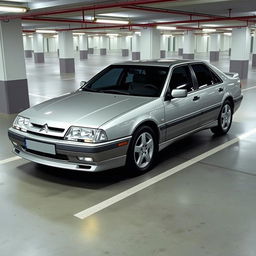 A detailed and accurate depiction of a Citroën Xantia, parked in a well-organized parking garage