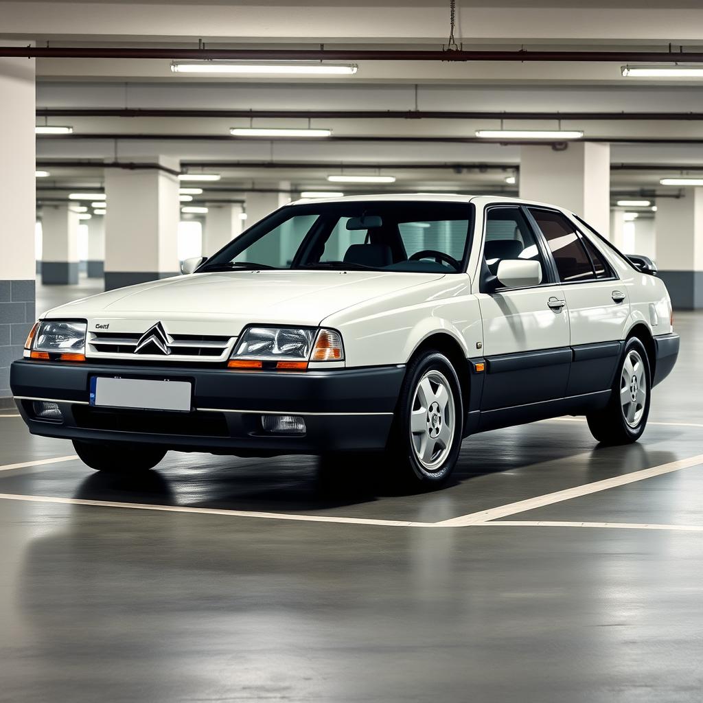 A detailed and accurate depiction of a Citroën Xantia, parked in a well-organized parking garage