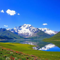 A majestic mountain range with snow-capped peaks under a clear blue sky