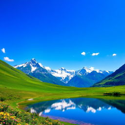 A majestic mountain range with snow-capped peaks under a clear blue sky