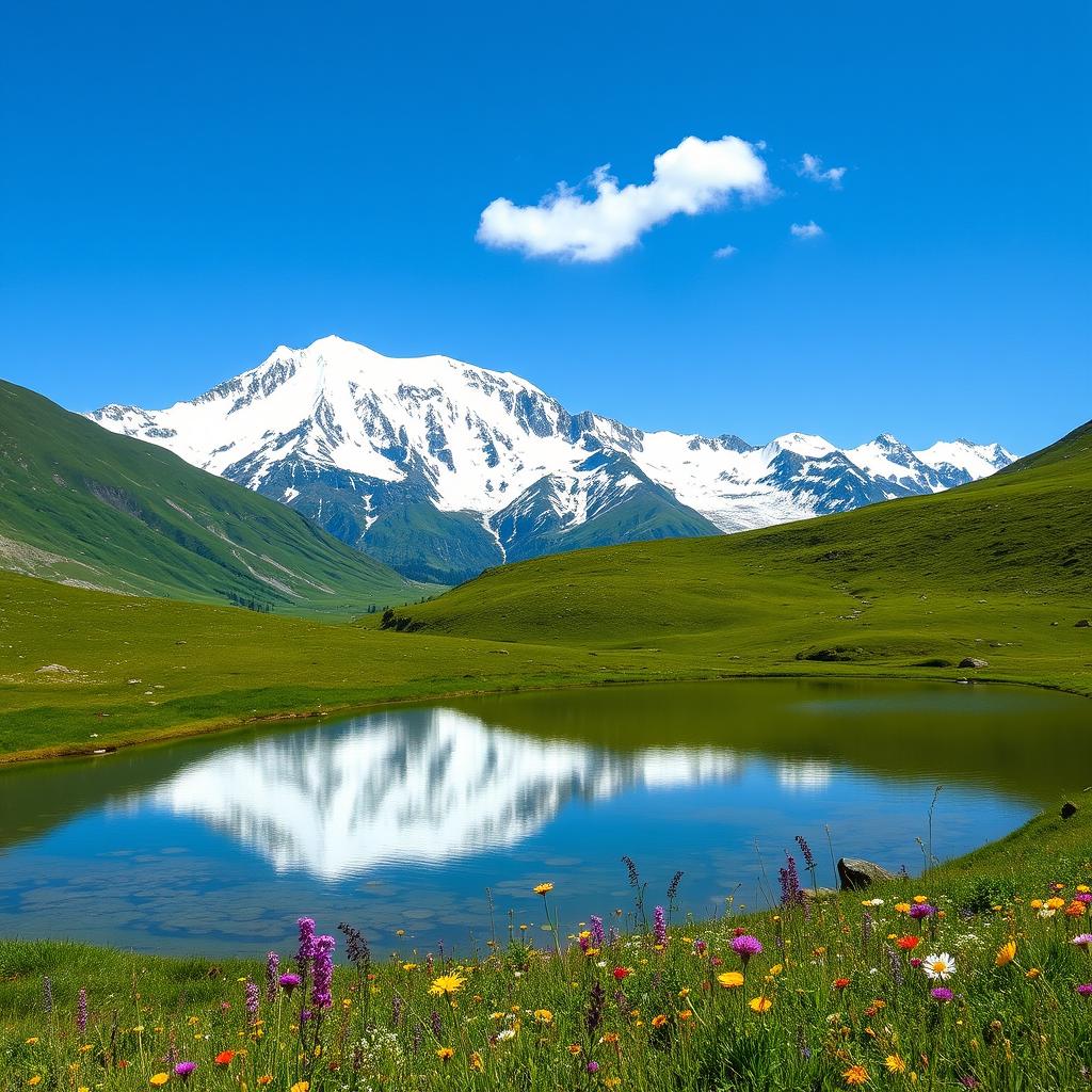 A majestic mountain range with snow-capped peaks under a clear blue sky