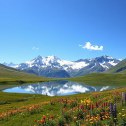 A majestic mountain range with snow-capped peaks under a clear blue sky