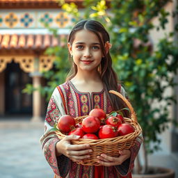 A beautiful girl dressed in traditional Iranian attire, featuring intricate designs and vibrant colors