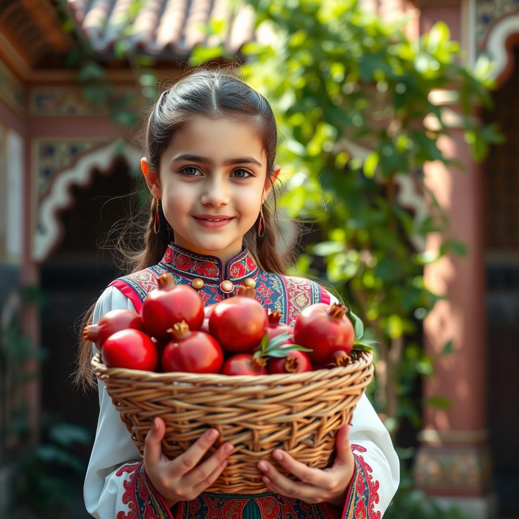 A beautiful girl dressed in traditional Iranian attire, featuring intricate designs and vibrant colors