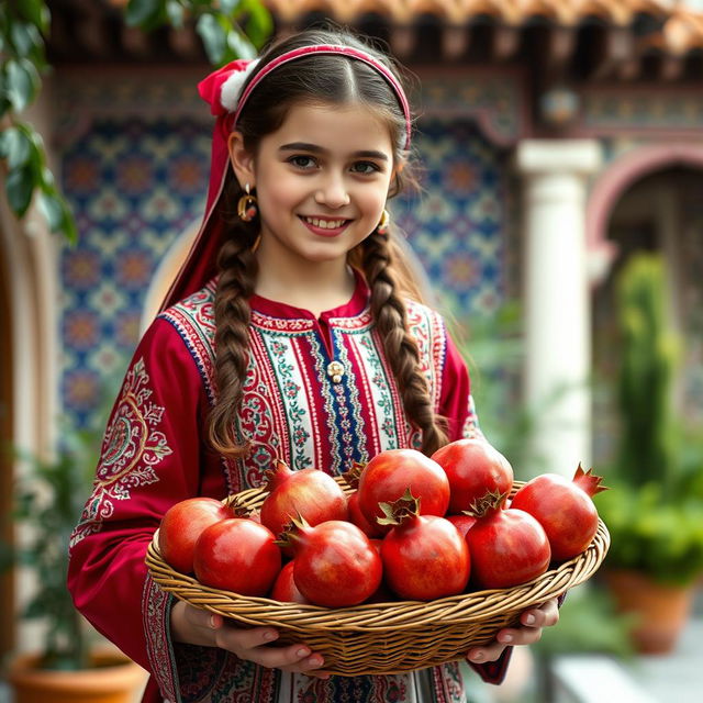 A beautiful girl dressed in traditional Iranian attire, featuring intricate designs and vibrant colors