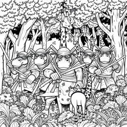 A dramatic black and white line drawing illustration featuring five hippos dressed as ninjas, armed with traditional weapons like ninja stars and swords, stealthily sneaking up on a family of giraffes in a forest setting