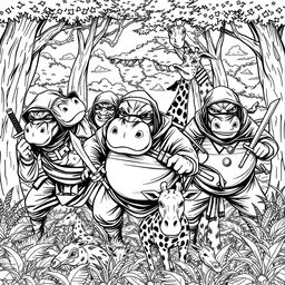 A dramatic black and white line drawing illustration featuring five hippos dressed as ninjas, armed with traditional weapons like ninja stars and swords, stealthily sneaking up on a family of giraffes in a forest setting