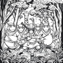 A dramatic black and white line drawing illustration featuring five hippos dressed as ninjas, armed with traditional weapons like ninja stars and swords, stealthily sneaking up on a family of giraffes in a forest setting