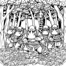 A dramatic black and white line drawing illustration featuring five hippos dressed as ninjas, armed with traditional weapons like ninja stars and swords, stealthily sneaking up on a family of giraffes in a forest setting