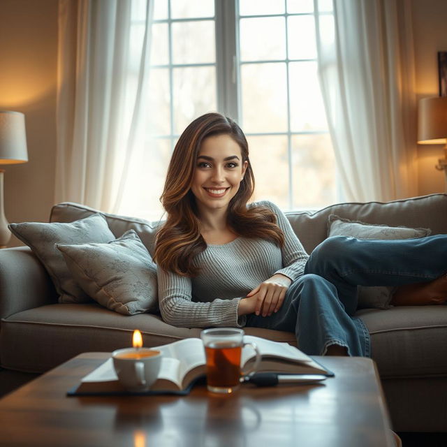 A cozy living room scene featuring a woman lounging on a plush sofa, her face seamlessly transformed to resemble another woman's facial features