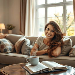 A cozy living room scene featuring a woman lounging on a plush sofa, her face seamlessly transformed to resemble another woman's facial features