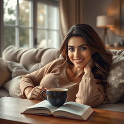 A cozy living room scene featuring a woman lounging on a plush sofa, her face seamlessly transformed to resemble another woman's facial features