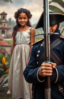 A dramatic scene set in a historical context featuring a young Creole boy named Tim, standing confidently