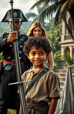 A dramatic scene set in a historical context featuring a young Creole boy named Tim, standing confidently