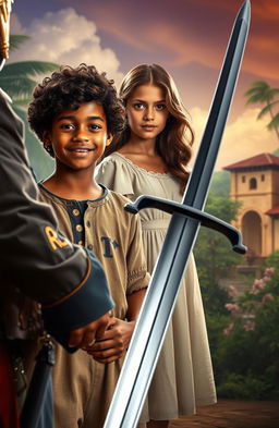 A dramatic scene set in a historical context featuring a young Creole boy named Tim, standing confidently