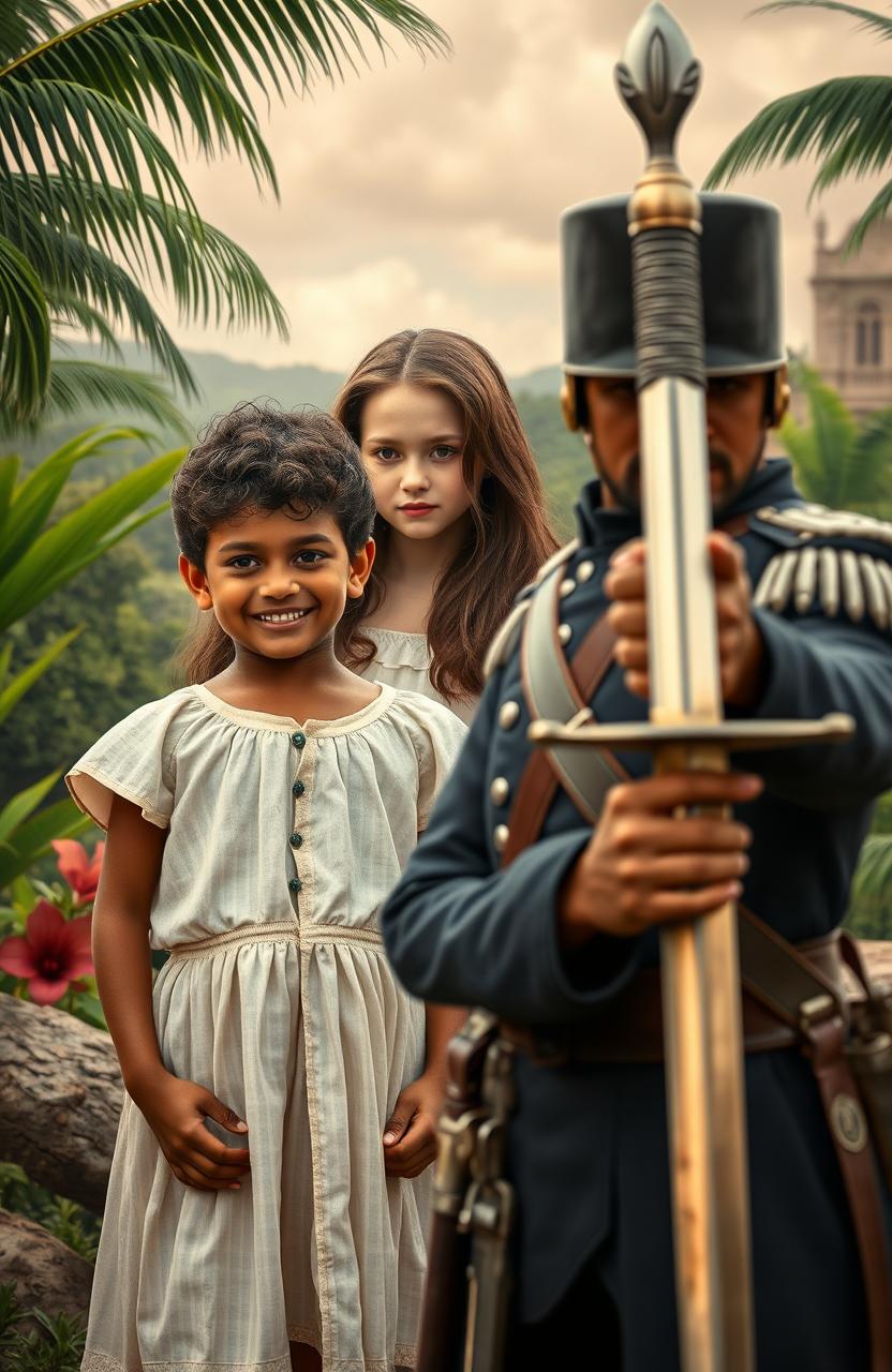 A dramatic scene set in a historical context featuring a young Creole boy named Tim, standing confidently