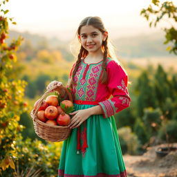 A girl wearing a beautiful traditional Iranian dress, standing gracefully while holding a wicker basket filled with vibrant, ripe pomegranates