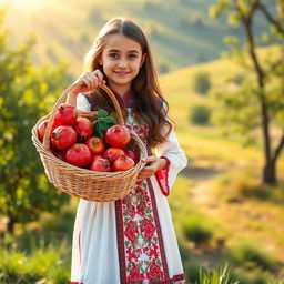 A girl wearing a beautiful traditional Iranian dress, standing gracefully while holding a wicker basket filled with vibrant, ripe pomegranates