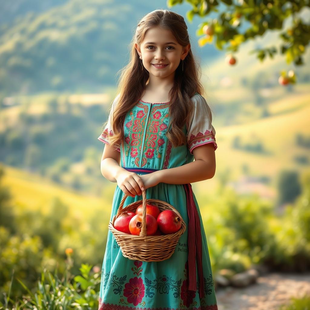 A girl wearing a beautiful traditional Iranian dress, standing gracefully while holding a wicker basket filled with vibrant, ripe pomegranates