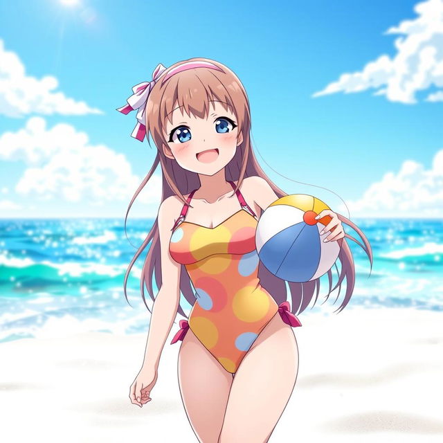 A happy anime girl at the beach, wearing a colorful swimsuit, enjoying the sun