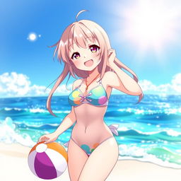 A happy anime girl at the beach, wearing a colorful swimsuit, enjoying the sun