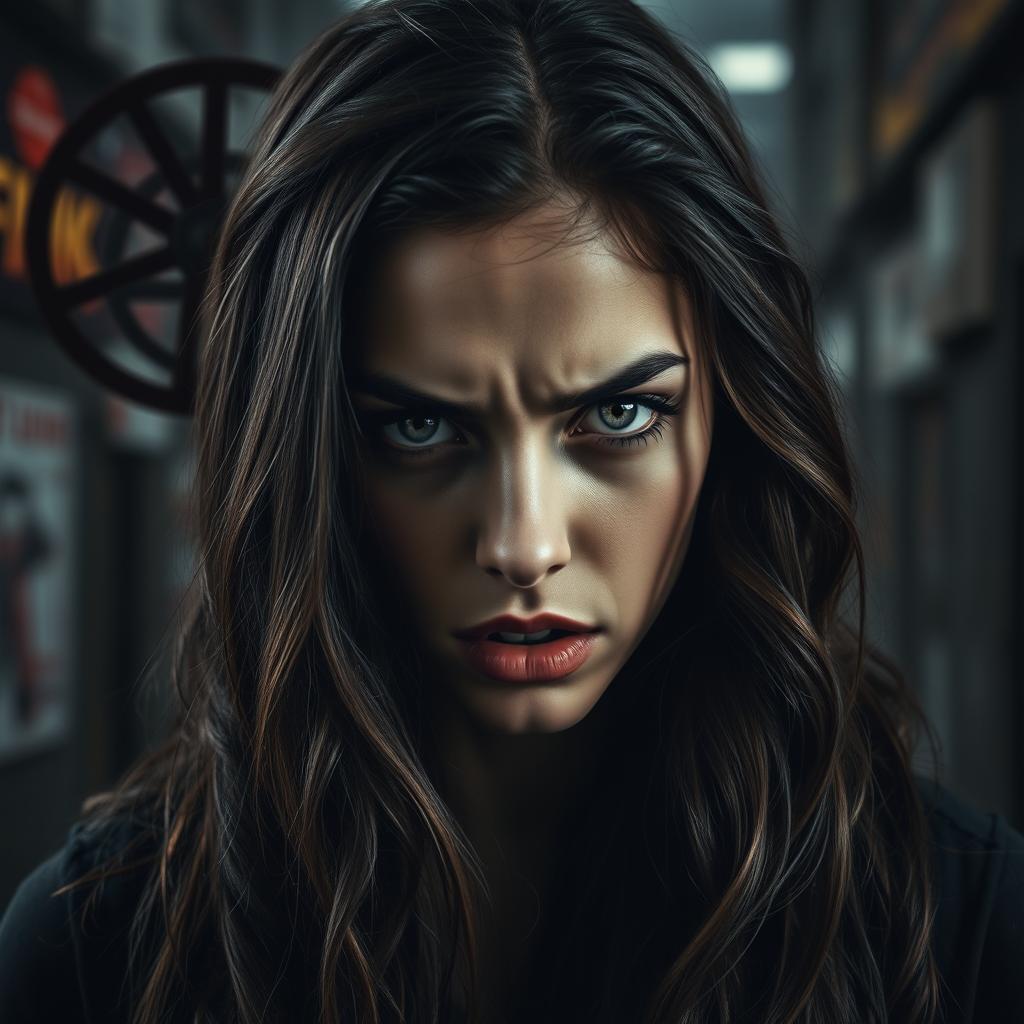 A dramatic and intense close-up portrait of a young woman with an expression of deep emotion and turmoil