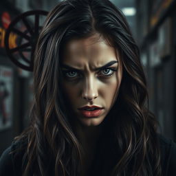 A dramatic and intense close-up portrait of a young woman with an expression of deep emotion and turmoil