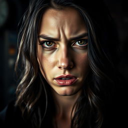 A dramatic and intense close-up portrait of a young woman with an expression of deep emotion and turmoil