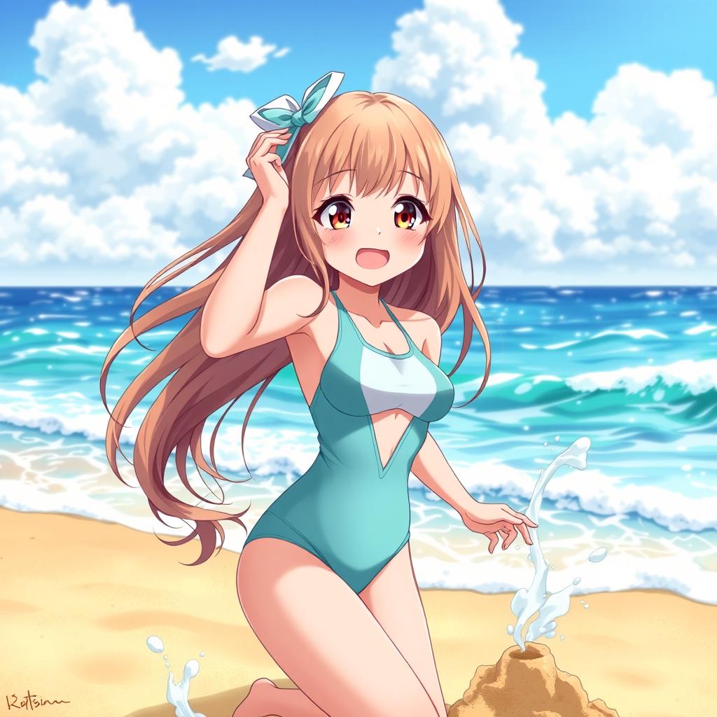 A happy anime girl at the beach wearing a stylish swimsuit, enjoying the sun and the waves