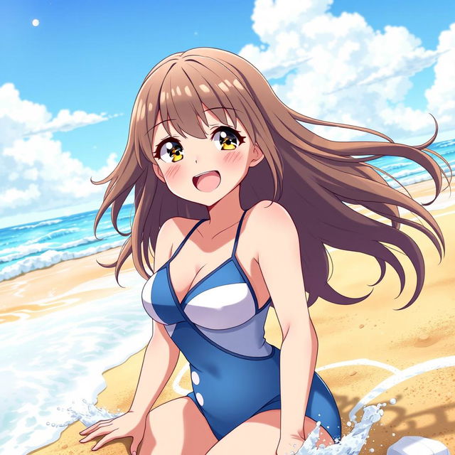 A happy anime girl at the beach wearing a stylish swimsuit, enjoying the sun and the waves