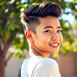 A person with an engaging expression, looking towards their right side with their head turned to the right