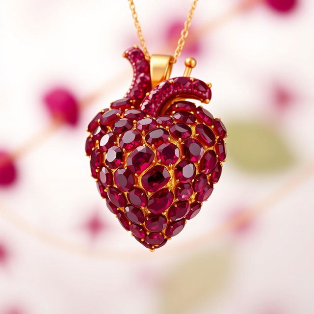 A stunning piece of jewellery designed to resemble a human heart, crafted entirely from vibrant red rubies