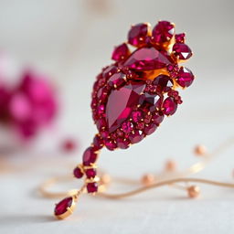 A stunning piece of jewellery designed to resemble a human heart, crafted entirely from vibrant red rubies