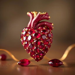 A stunning piece of jewellery designed to resemble a human heart, crafted entirely from vibrant red rubies
