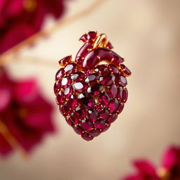 A stunning piece of jewellery designed to resemble a human heart, crafted entirely from vibrant red rubies