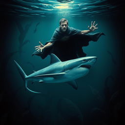 A surrealistic scene of a man hypnotizing a shark under the sea, near the surface