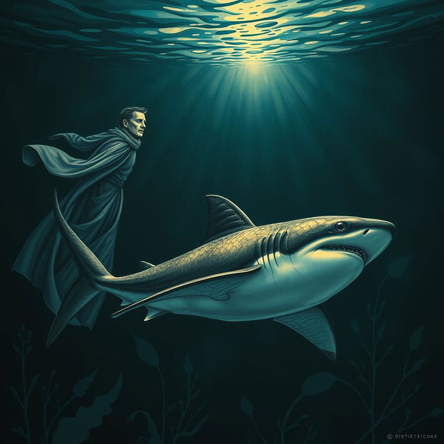 A surrealistic scene of a man hypnotizing a shark under the sea, near the surface